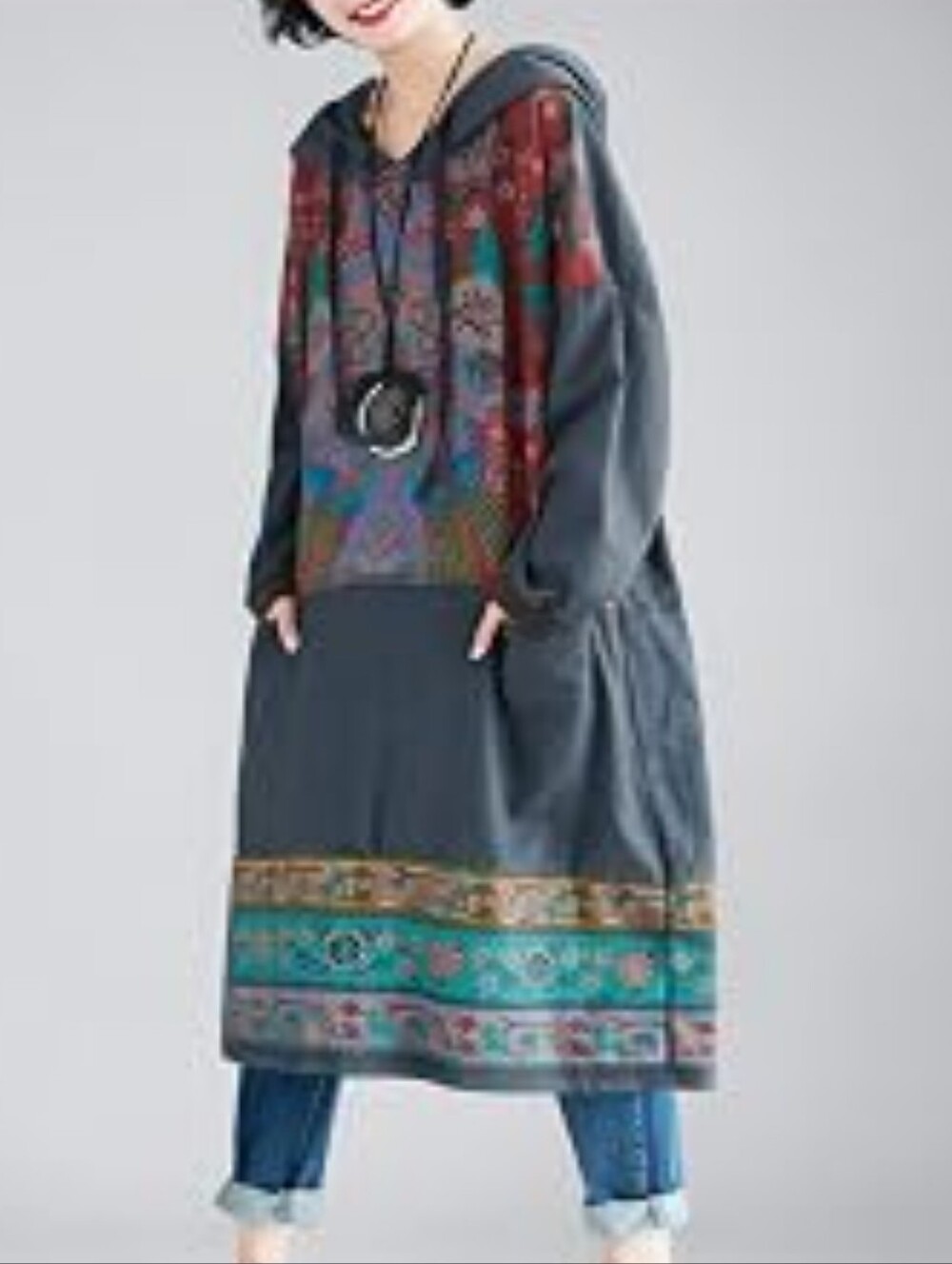 Gudrun Sjoden Boho Embroidered Long Coat Dress in Slate Gray and Teal